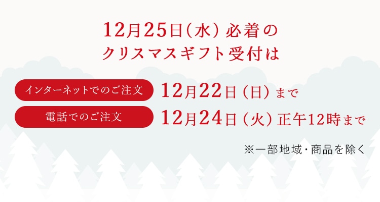 クリスマス必着の受付はインターネットでのご注文:12月22日(日)まで、電話でのご注文12月24日(火)正午12時まで