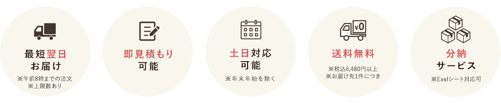 最短翌日お届け 即見積もり可能 土日対応可能※年末年始を除く 御請求書対応 分納サービス