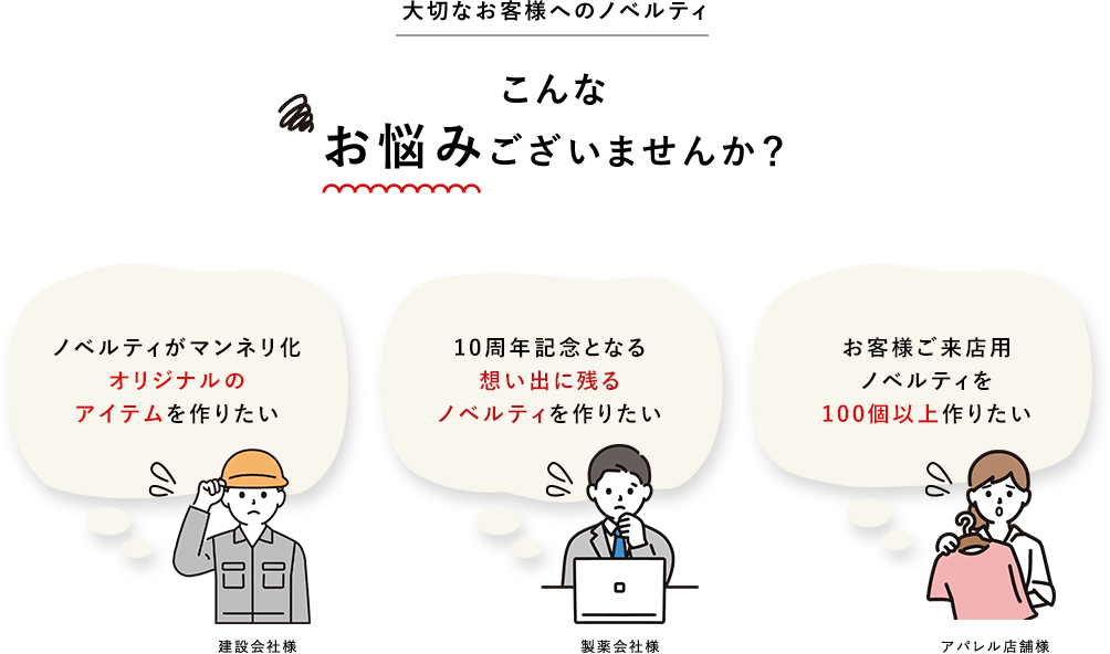 大切なお客様へのノベルティ こんなお悩みございませんか? ノベルティがマンネリ化オリジナルのアイテムを作りたい 10周年記念となる想い出に残るノベルティを作りたい お客様ご来店用ノベルティを100個以上作りたい