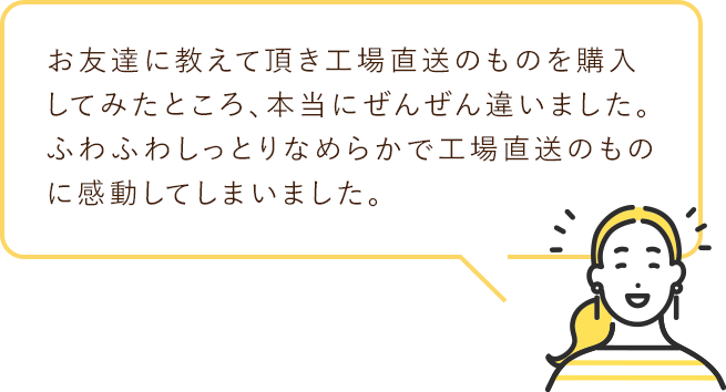 お友達に教えて頂き工場直送のものを購入してみたところ、本当にぜんぜん違いました。ふわふわしっとりなめらかで工場直送のものに感動してしまいました。
                                