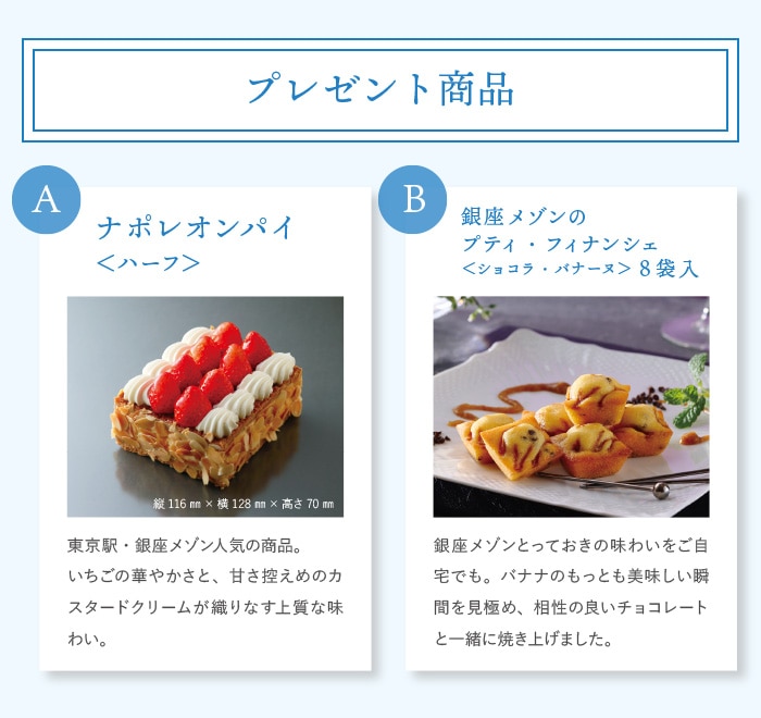 プレゼント商品　Aナポレオンパイ＜ハーフ＞　B銀座メゾンのプティ・フィナンシェ＜ショコラ・バナーヌ＞