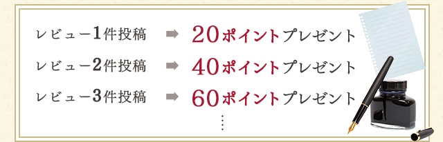 レビュー1件投稿 100ポイントプレゼント レビュー2件投稿 200ポイントプレゼント レビュー3件投稿 300ポイントプレゼント...